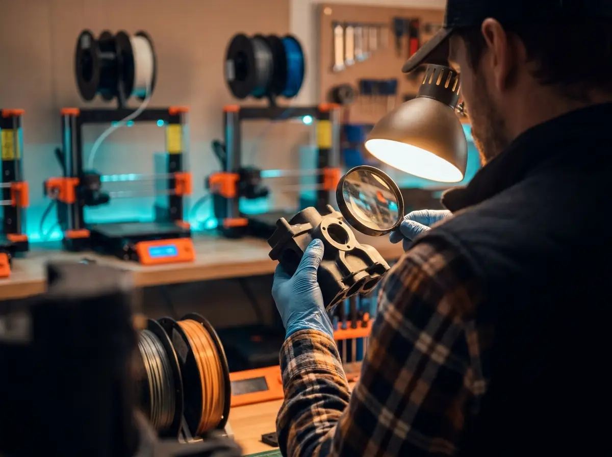 A Layer Labs engineer inspecting a freshly 3D-printed part with a loupe in the workshop