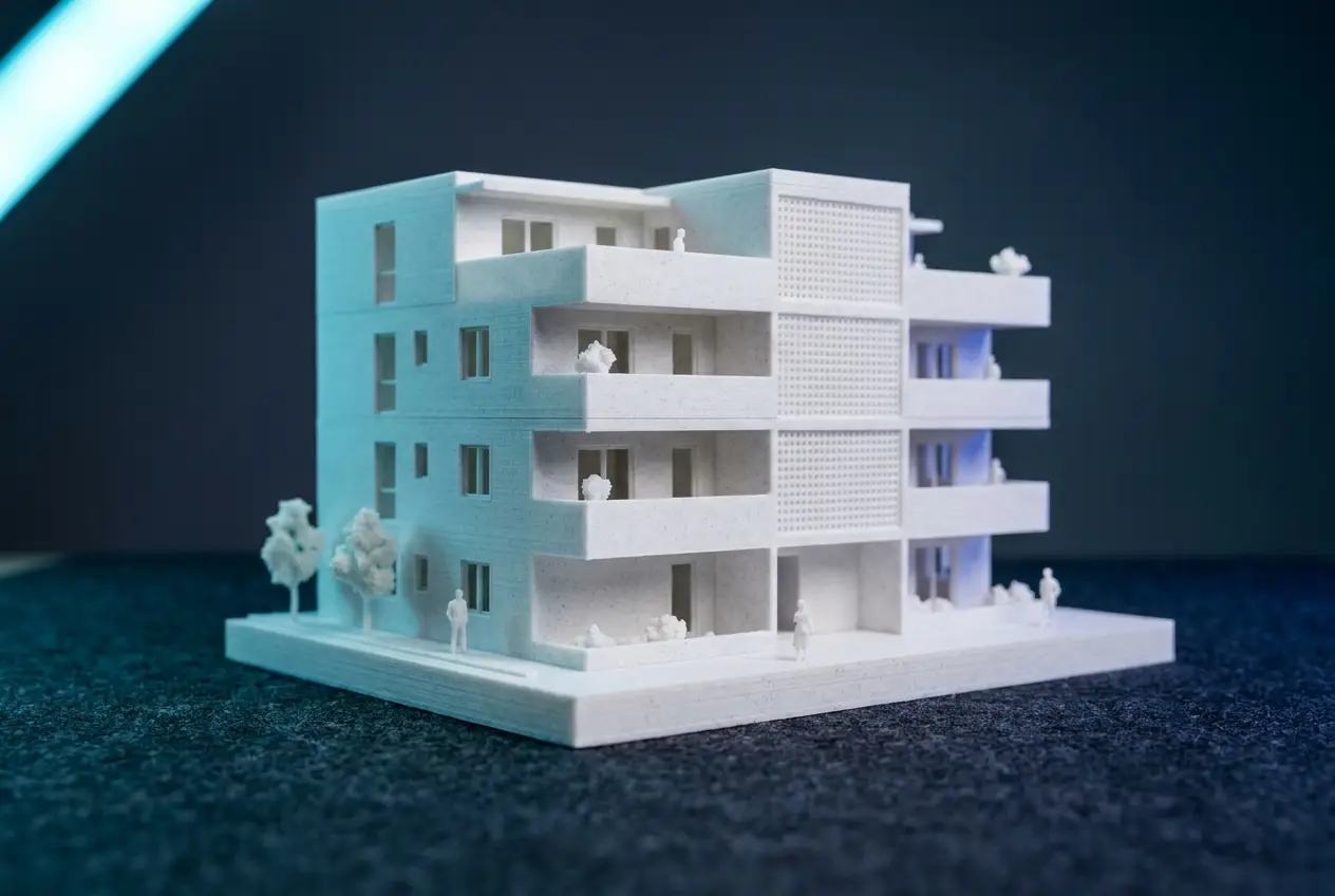 A white 3D-printed architectural scale model of a modern building