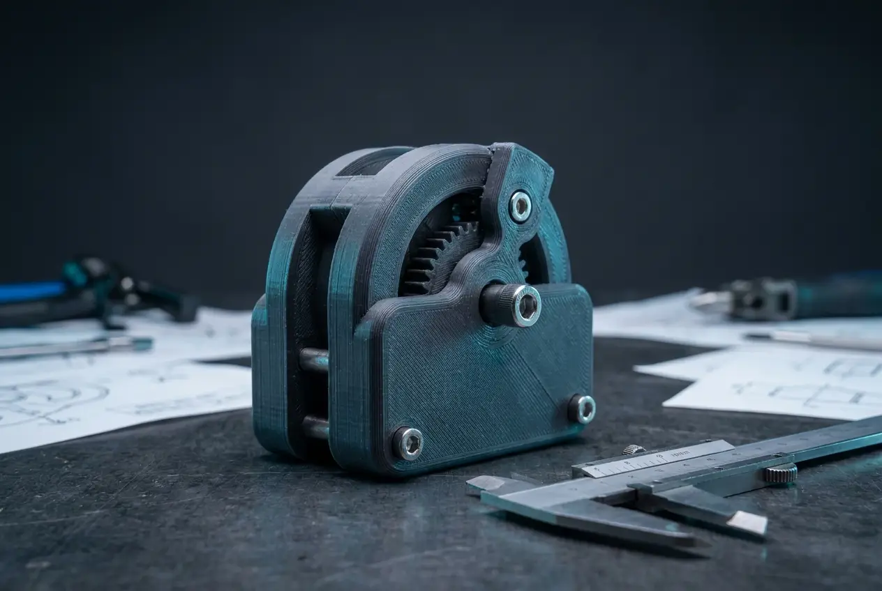 A 3D-printed functional mechanical prototype beside steel calipers