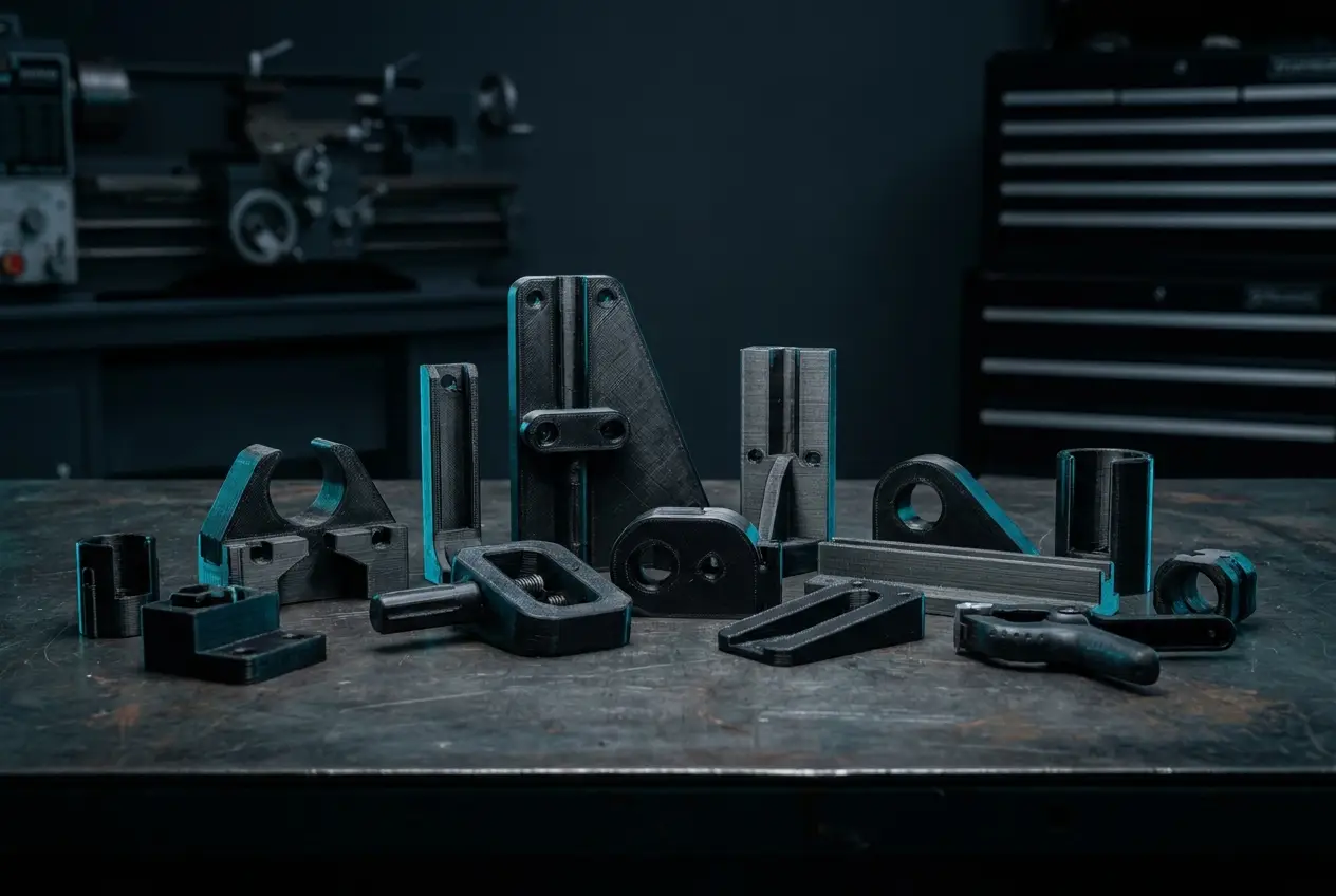 3D-printed manufacturing jigs, fixtures and tooling on a workshop bench