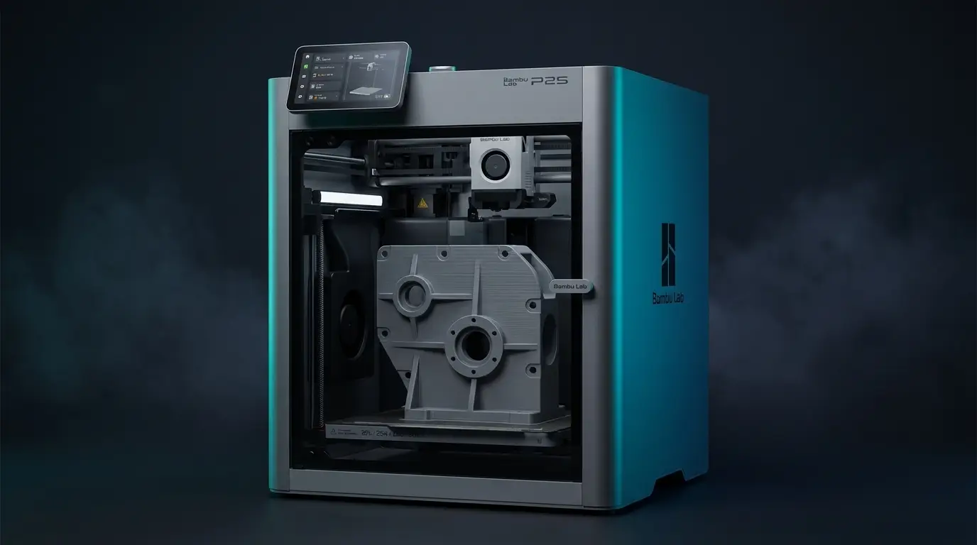 A Bambu Lab P2S 3D printer printing a mechanical part in the Layer Labs workshop