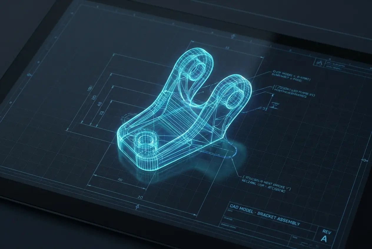 A glowing 3D CAD wireframe of a mechanical bracket