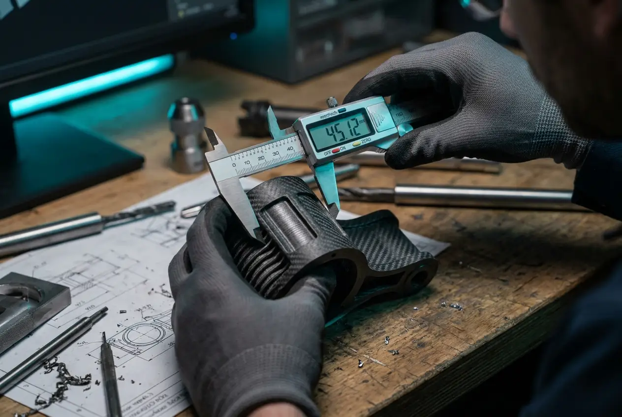 An engineer measuring a 3D-printed part with calipers