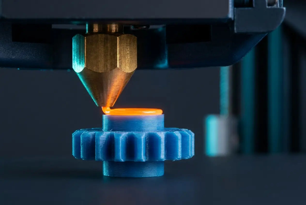 Close-up of an FDM 3D printer nozzle extruding a part