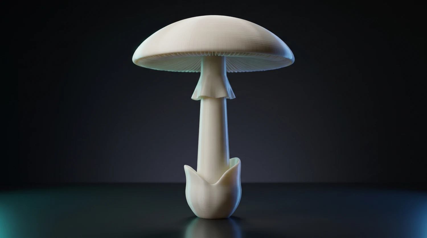A hyperrealistic 3D-printed death cap mushroom
