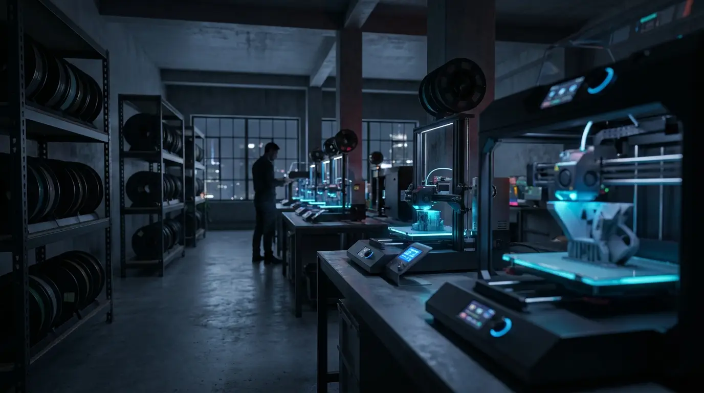Layer Labs's 3D printing workshop with a row of FDM printers running